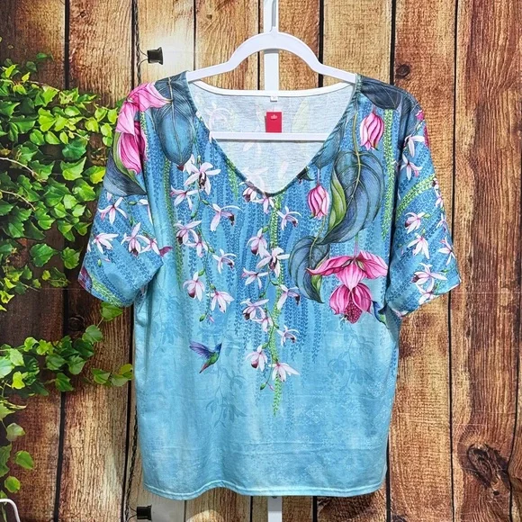 🚨(4/$10) Floral Short Sleeve Blouse Size XL - Picture 1 of 3